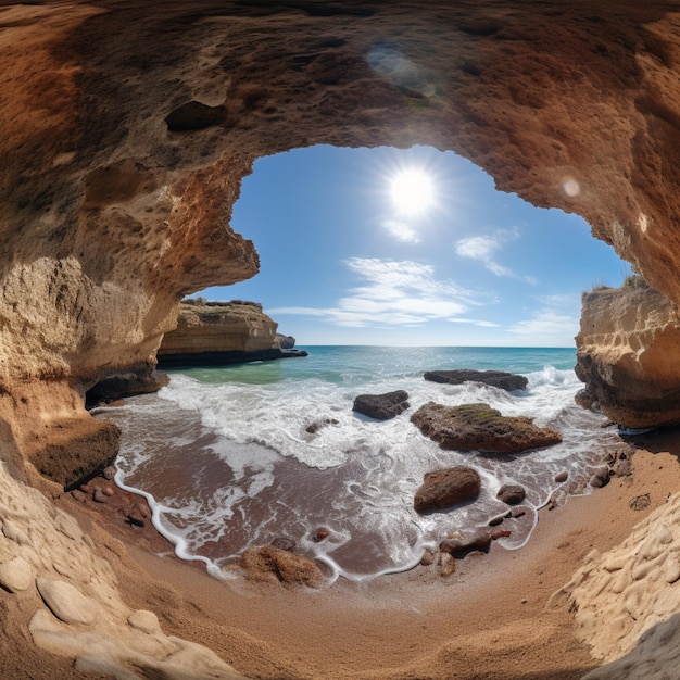 Photo il y a une vue sur une plage à travers un trou dans la roche générative ai