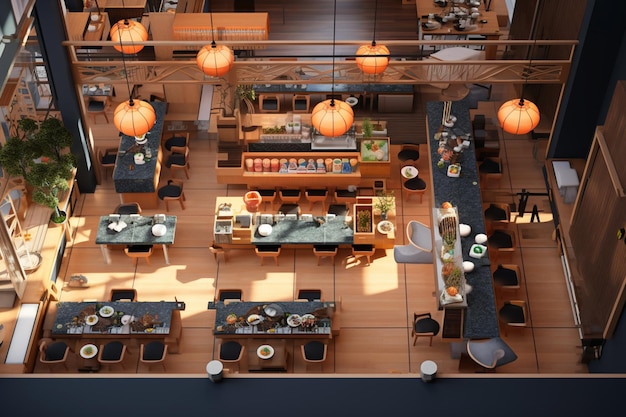 il y a une vue d'un restaurant d'en haut avec des tables et des chaises ai générative