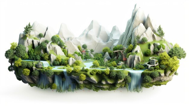 Une île 3D d'inspiration asiatique avec une cascade et des montagnes