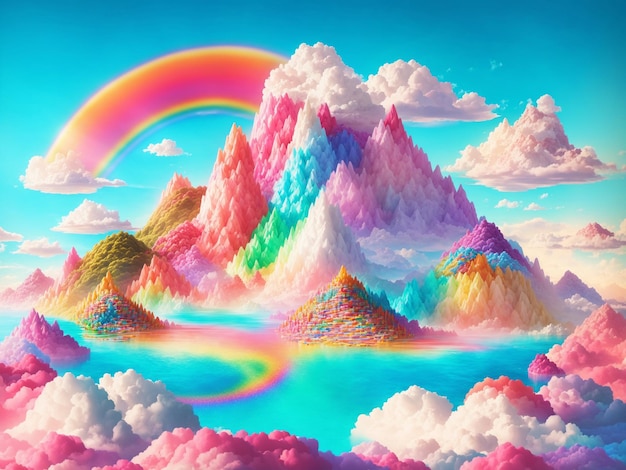 Une île arc-en-ciel inspirée par les bonbons avec des montagnes faites de gâteaux en couches et de nuages de coton-candy