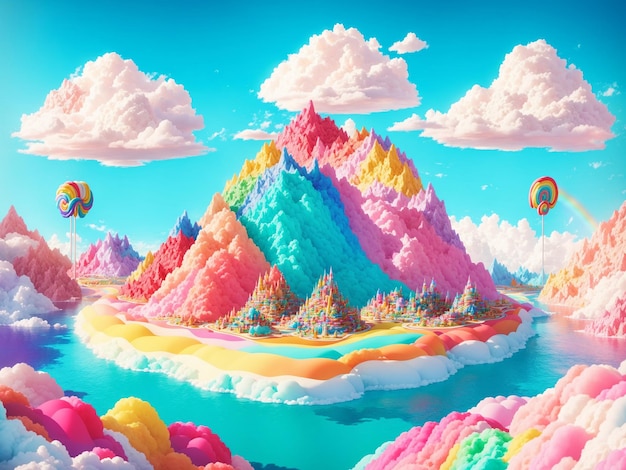 Une île arc-en-ciel inspirée par les bonbons avec des montagnes faites de gâteaux en couches et de nuages de coton-candy
