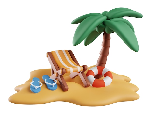 une île avec des cocotiers, des bouées, des chaises de plage et des sandales