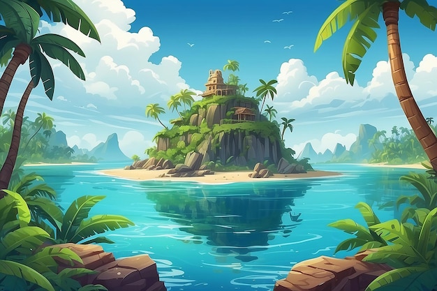 Île dans l'océan inhabitée île pirate secrète avec des palmiers de plage lianes de jungle et des rochers en mer sous un ciel nuageux paysage tropical terre vide arrière-plan du jeu illustration vectorielle de dessin animé