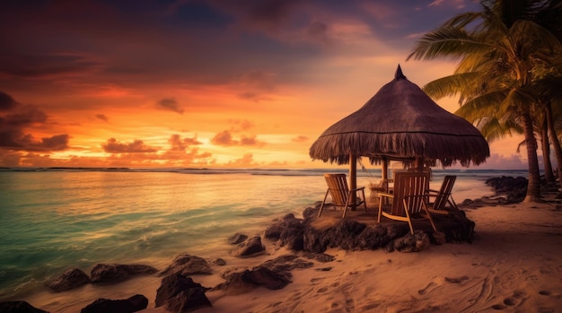 Une île déserte tropicale avec une cabane sur la plage au coucher du soleil