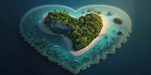 L'île du Paradis sous la forme d'un cœur d'amour Concept de vacances en perspective aérienne