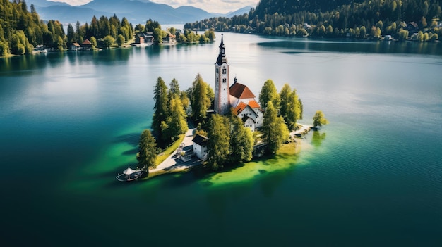 L'île emblématique de Bled dans le lac Bled, en Slovénie, vue aérienne
