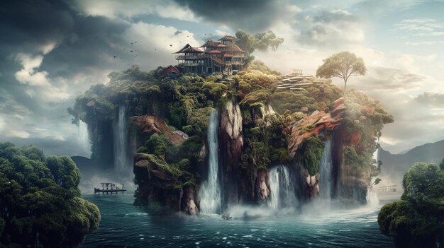 Une île fantastique avec une cascade et une maison dessus.