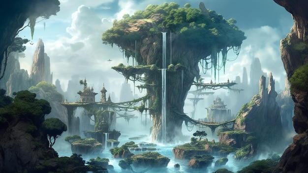 Une île fantastique dans le ciel avec une cascade et une cascade