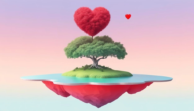 île flottante avec arbre gradient de couleur pastel et rouge en forme de cœur isolé sur fond blanc pour le concept de paradis du paysage