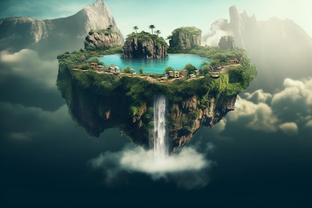Une île flottante avec une cascade et une cascade en arrière-plan