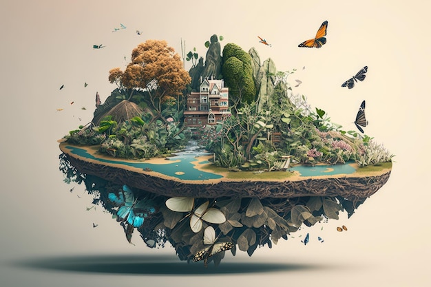 Une île flottante géante en forme de papillon entourée de plantes et d'animaux d'un autre monde