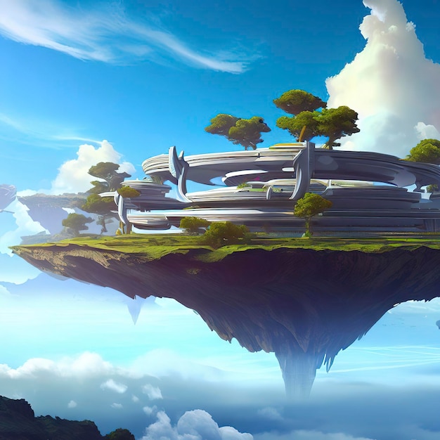 Une île flottante d'inspiration fantastique avec une touche moderne surplombant un ciel bleu pittoresque et un fond de nuages