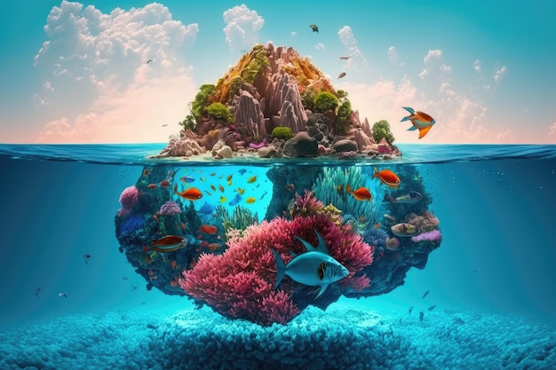 Une île flottante surréaliste avec un récif corallien vibrant et des poissons tropicaux entourés d'eaux cristallines créées avec une IA générative