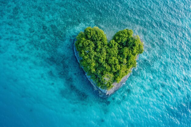 Une île en forme de cœur naturellement formée entourée par l'eau bleue de l'océan Une vue aérienne d'une île en forma de cœur entourée d'étonnantes eaux bleu azur AI généré