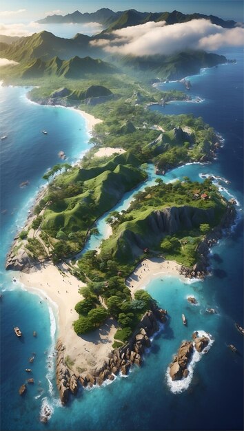 une île en forme de Terre vue d'en haut en large format