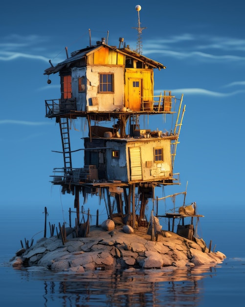 une île avec une maison au sommet