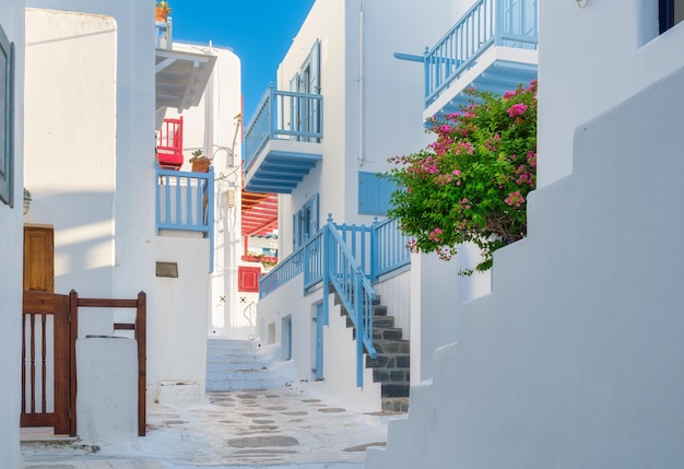 L'île de Mykonos Grèce Rues et architecture traditionnelle Bâtiments de couleur blanche et fleurs aux couleurs vives Photographie de voyage