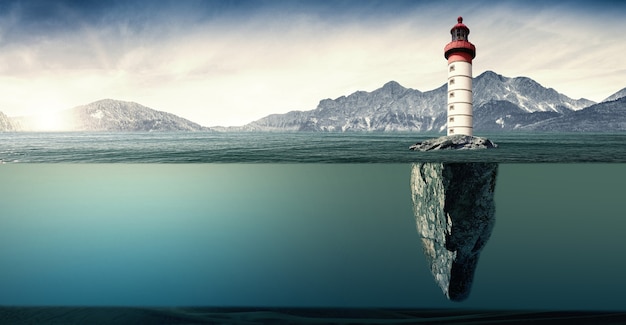 Une île avec phare dans une mer sauvage