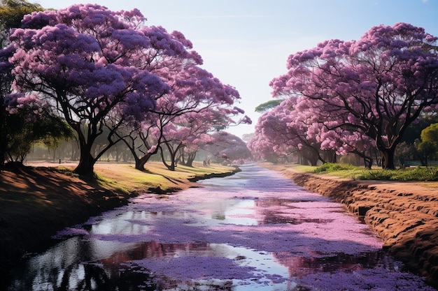 une île remplie d'arbres de jacaranda en fleurs