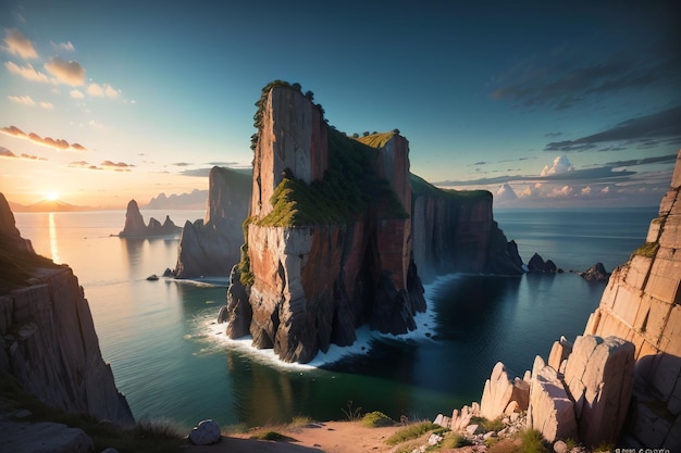 Une île rocheuse dans l'océan avec un coucher de soleil en arrière-plan.