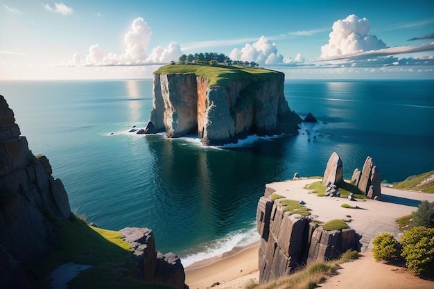 Une île rocheuse dans l'océan avec une grande formation rocheuse au premier plan.