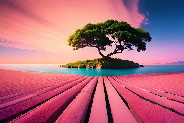 Une île rose avec un arbre au milieu