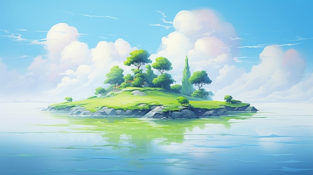 Île sereine dans un style d'art anime avec des couleurs vibrantes