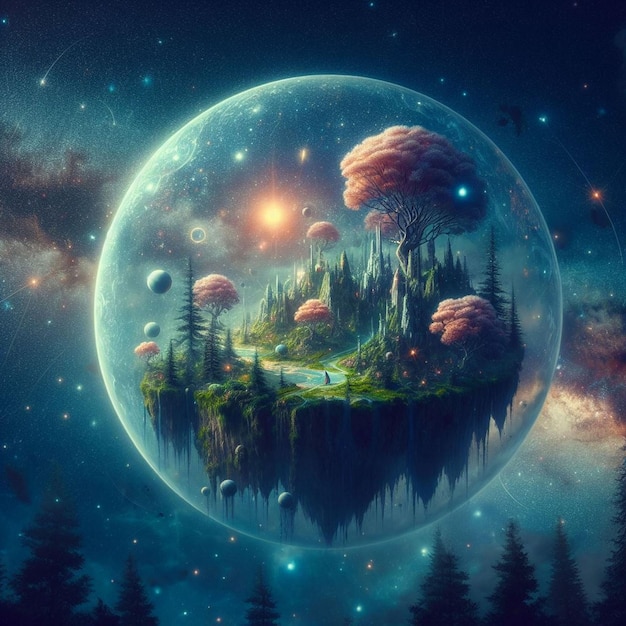 Une île de sphère fantastique flottant dans l'univers du ciel nocturne