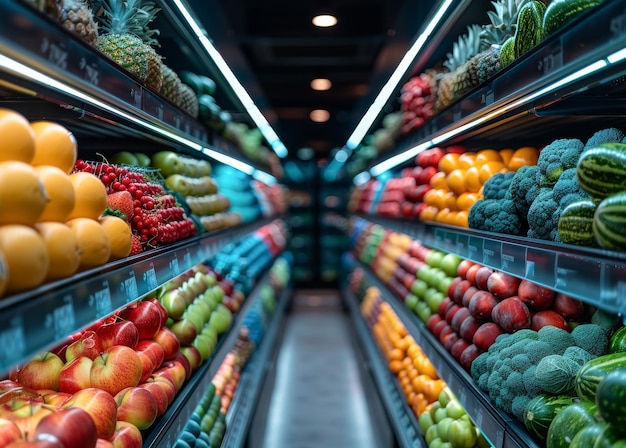 Une île de supermarché avec des étagères pleines de fruits et légumes frais