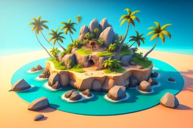 Une île tropicale en 3D avec des palmiers et des rochers, un ciel d'été clair en arrière-plan.