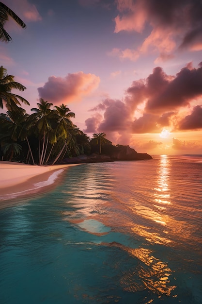 Photo une île tropicale au coucher du soleil