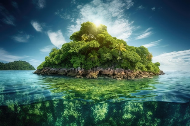 Une île tropicale au milieu de l'océan Palmiers verts et plage sur l'île Un endroit pour se détendre Île subtropicale avec des palmiers Illustration générative de l'IA