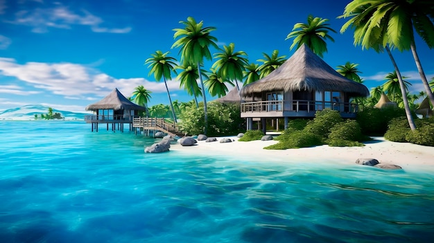 Une île tropicale aux Maldives avec des palmiers et des bungalows