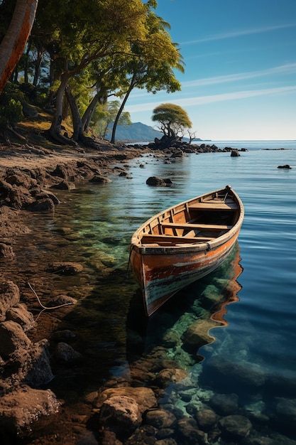 île tropicale avec des bateaux de pêche traditionnels