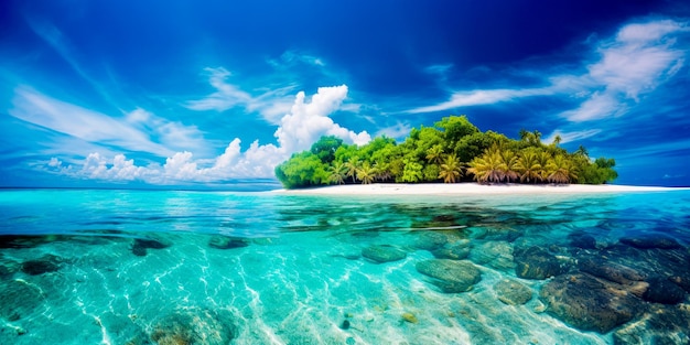 Une île tropicale dans l'océan avec un ciel bleu et des nuages