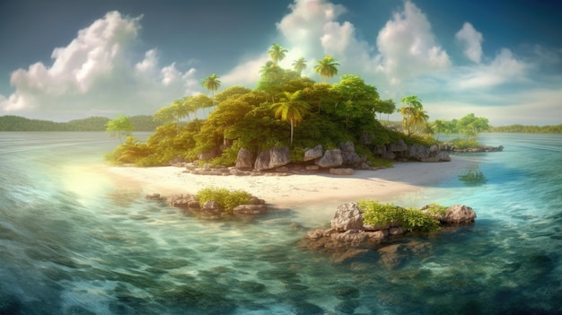 Une île tropicale dans l'océan avec des palmiers dessus