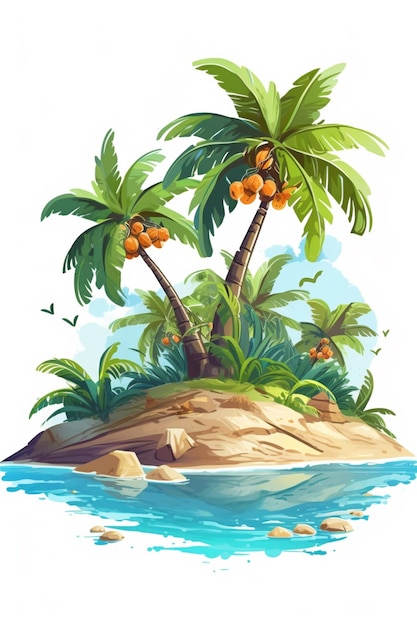 une île tropicale de dessin animé avec des palmiers et des rochers