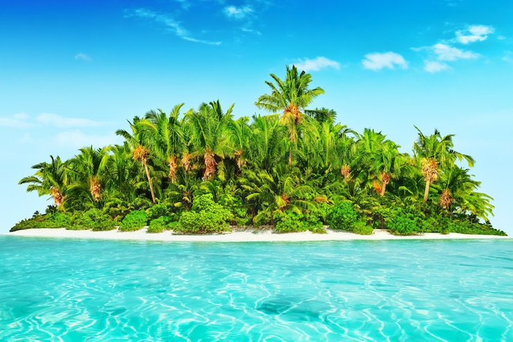 Photo île tropicale entière dans l'atoll dans l'océan tropical. île subtropicale inhabitée et sauvage avec des palmiers. partie équatoriale de l'océan, station balnéaire tropicale.
