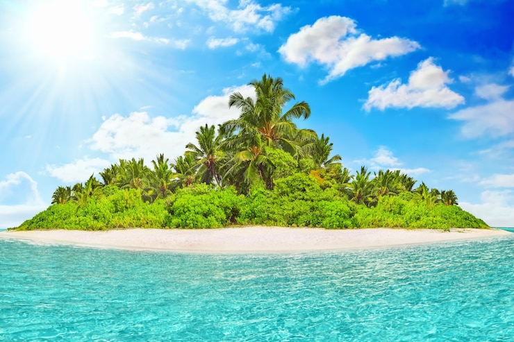 Photo île tropicale entière dans l'atoll dans l'océan tropical un jour d'été. île subtropicale inhabitée et sauvage avec des palmiers. partie équatoriale de l'océan, station balnéaire tropicale.