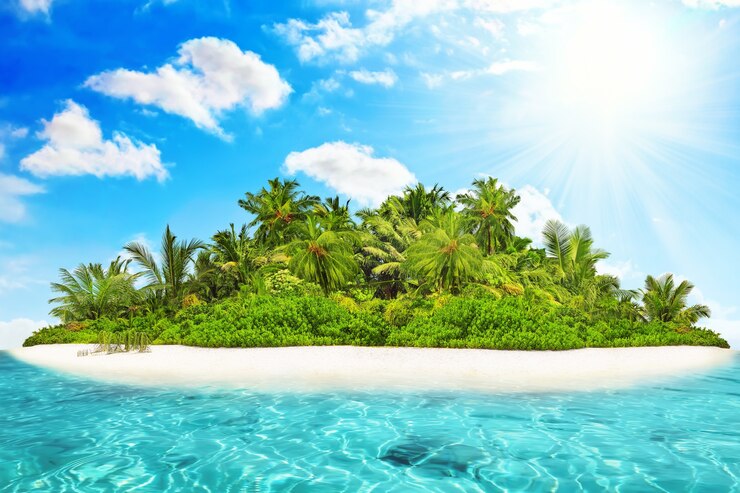 Photo île tropicale entière dans l'atoll dans l'océan tropical un jour d'été. île subtropicale inhabitée et sauvage avec des palmiers. partie équatoriale de l'océan, station balnéaire tropicale.
