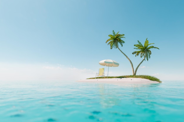 Une île tropicale isolée avec une chaise de plage et des palmiers