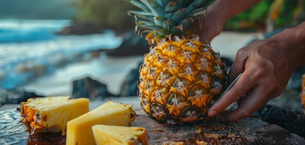 Une île tropicale avec des mains tranchant un ananas frais sur la plage