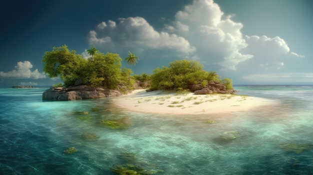 Une île tropicale avec des palmiers et un ciel bleu