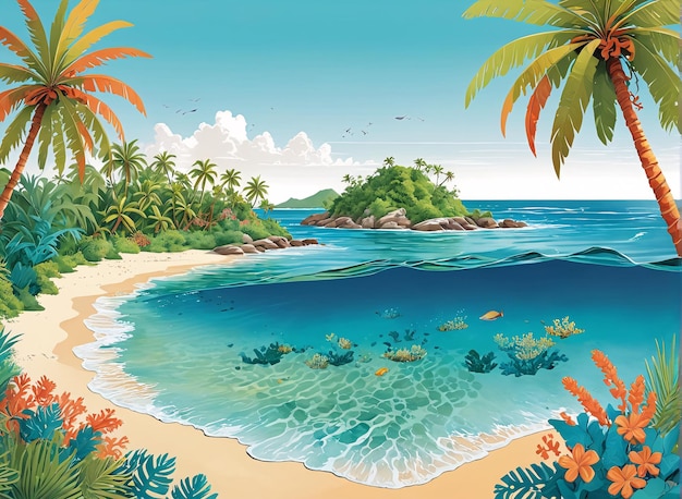 une île tropicale avec des palmiers et des fleurs