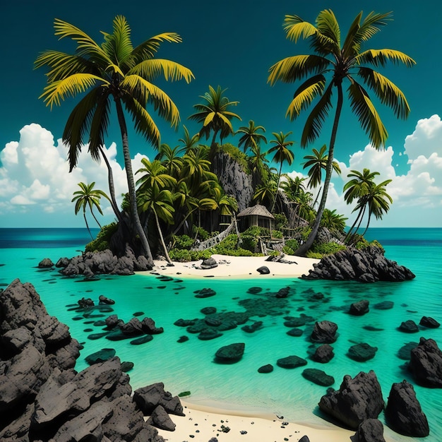 île tropicale avec des palmiers et une plage de sable générative ai