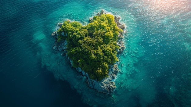 Une île tropicale paradisiaque en forme de cœur dans l'océan ouvert