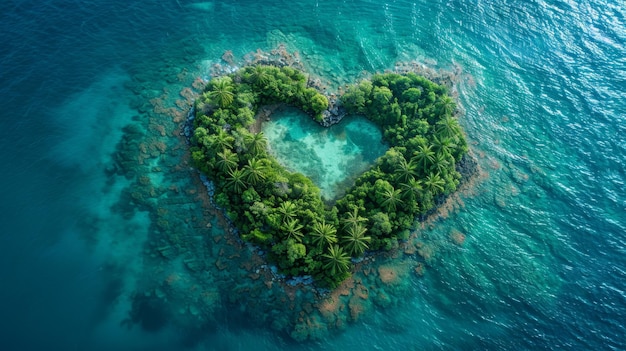 Une île tropicale paradisiaque en forme de cœur dans l'océan ouvert