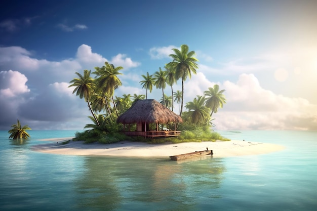 Île tropicale avec plage de palmiers et cabane solitaire entourée d'IA générative d'eau bleue