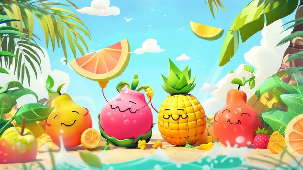 Photo une île tropicale remplie de fruits de dessins animés s'amusant et se relaxant