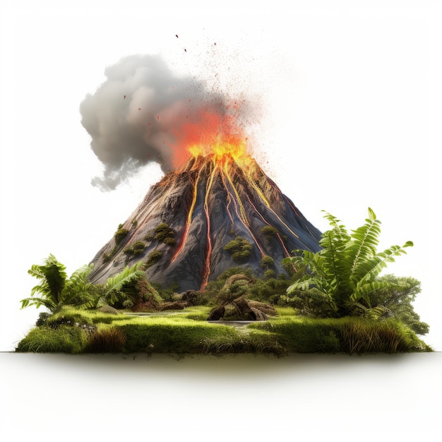 une île tropicale avec un volcan est entourée d'une forêt luxuriante et d'arbres. le style abstrait explosif de la photo capture l’énergie vibrante de la scène. sur un fond blanc, cette photo réelle